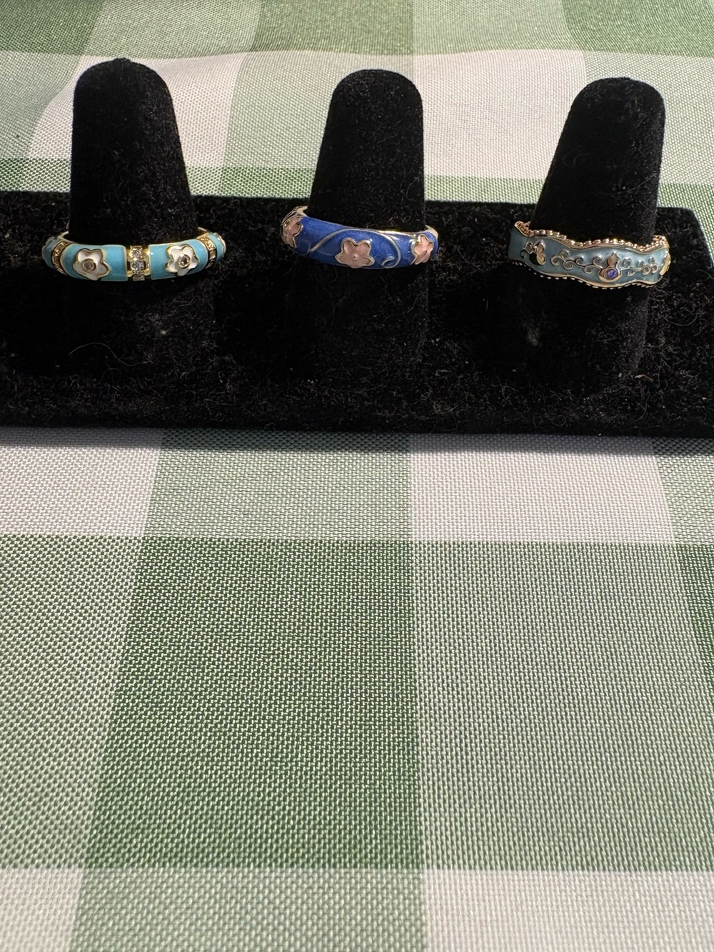 Three Hand-Painted Blue and Aqua Floral Enamel Rings
